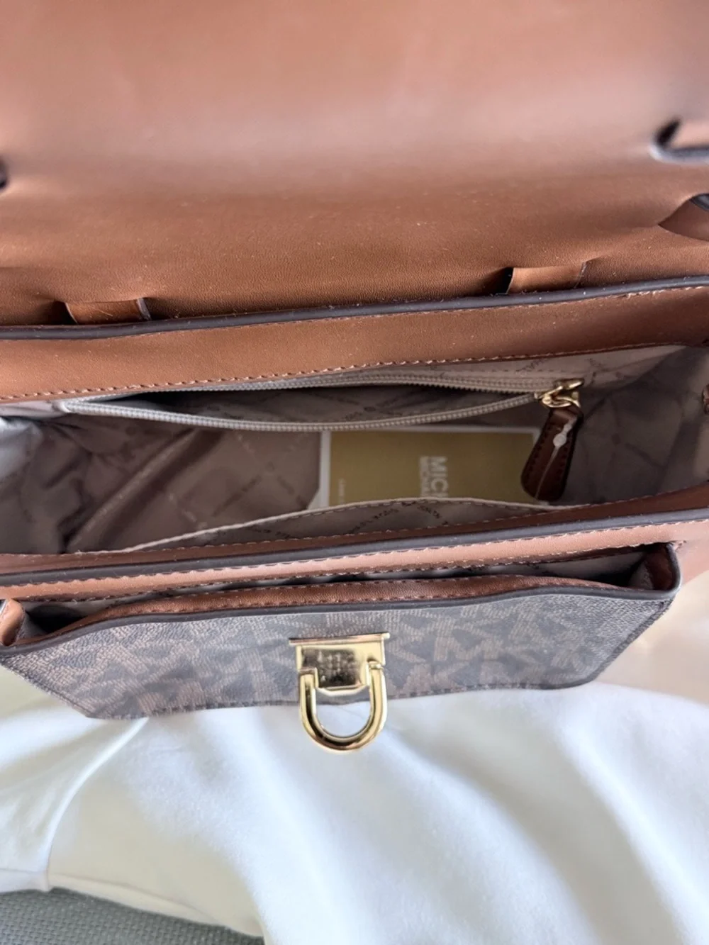 Michael Kors Brown and Tan MK Monogram Satchel with Gold Hardware - Picture 3 of 4